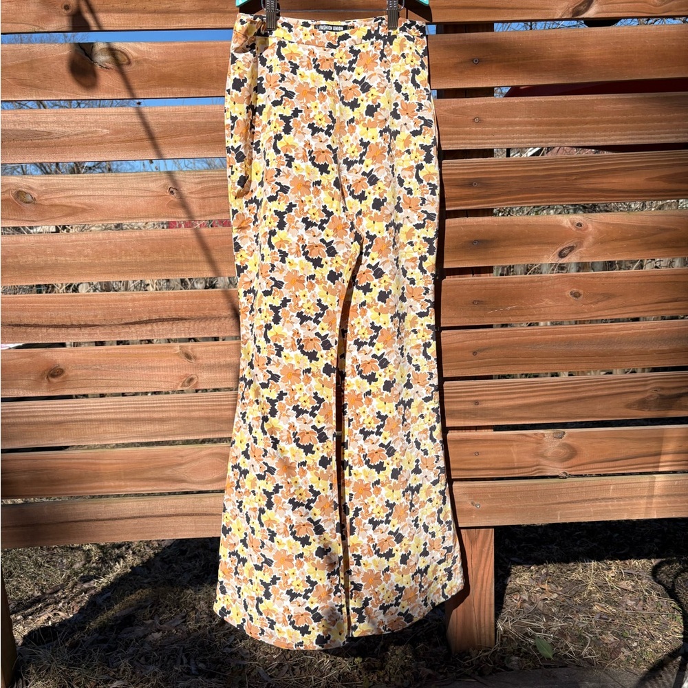 Fashion Union Floral Wide-Leg Pants - Yellow, Black, White